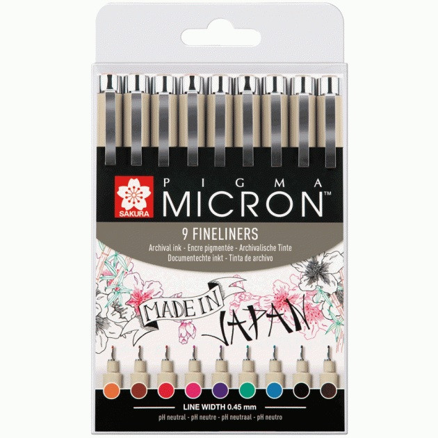 Набір різнокольорових лайнерів 0.5 мм, 9 кольорів Sakura Pigma Micron