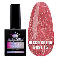 База світловідбивна для нігтів Disco color base Дизайнер Професіонал, 9 мл. Червоно-рожевий  №15