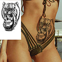 Большая временная татуировка водостойкая Тату 19*12 см "Череп в пасти тигра"