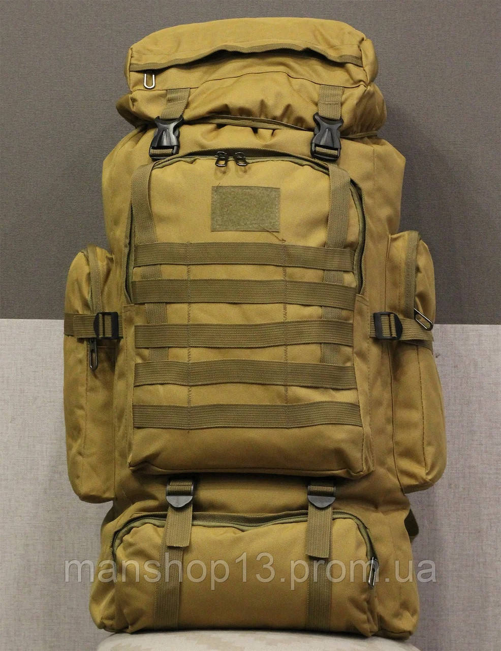 Тактичний рюкзак на 70 л (штурмовий військовий туристичний) для полювання, риболовлі, туризму. Койот (пісок)