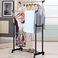 Подвійна пересувна регульована вішалка стійка Double Pole для одягу та взуття підлогова на коліщатках