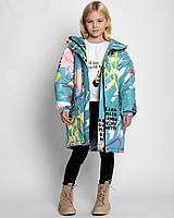 Яркая принтованная зимняя удлиненная куртка пуховик на девочку 7-12 лет DT-8364-7 цветная