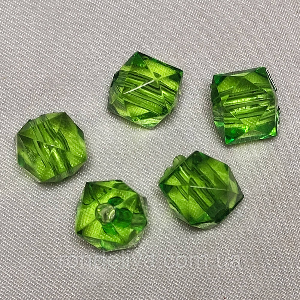 Намистини акрил прозорі "Куб гранований" 12 мм Зелений 50 г ~ 60 шт, фото 1