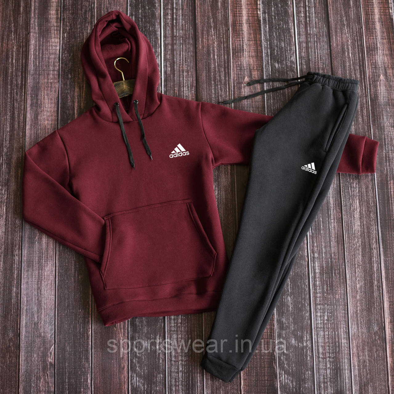 Чоловічий спортивний костюм Adidas бордова Кофта з капюшоном кенгуру з принтом Адідас та чорні чоловічі штани з кишенями