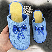 Тапочки домашние женские Белста голубые с закрытым носком вязка бант