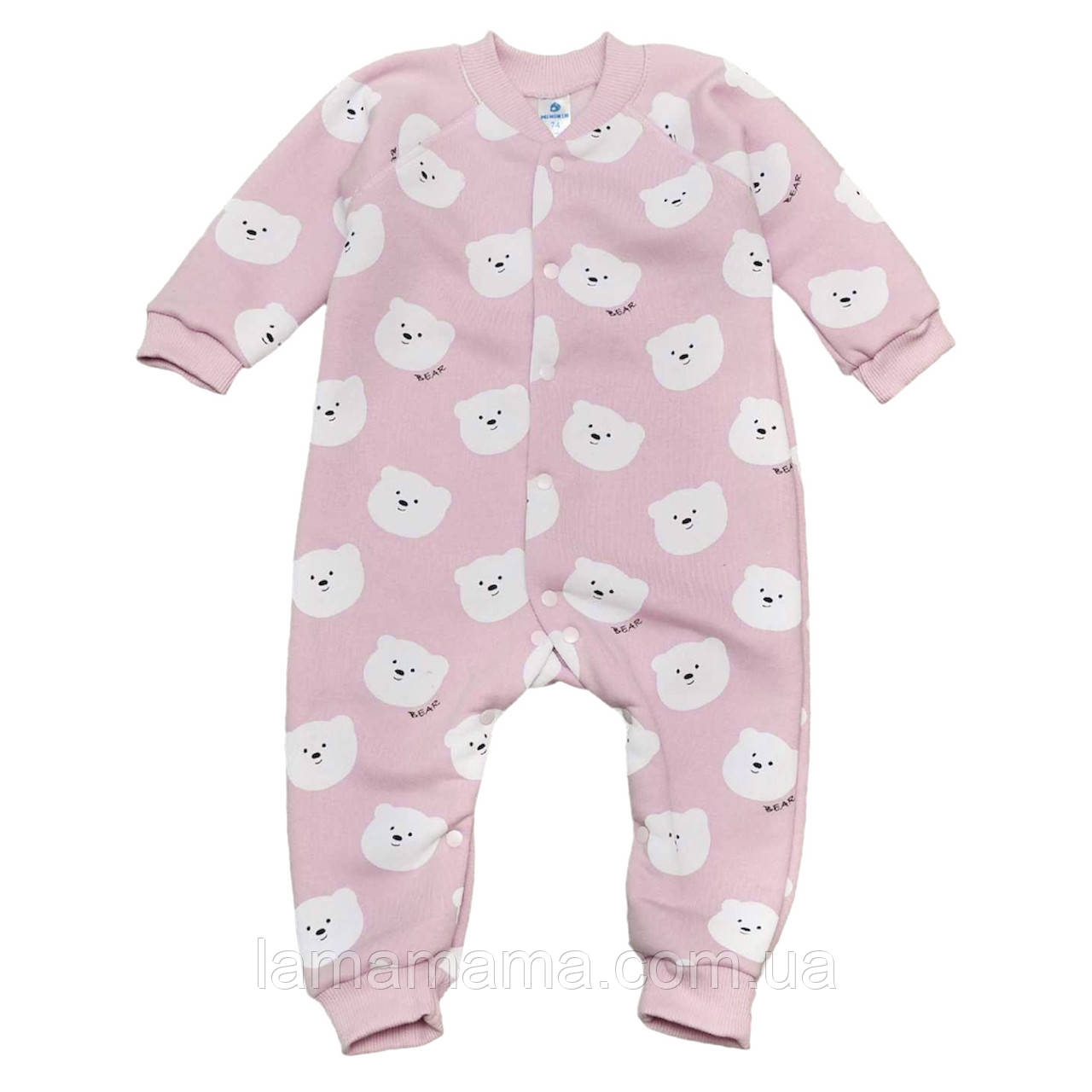 Теплий комбінезон чоловічок (трьохнитка з начосом) Ведмедики рожевий Minikin, фото 1