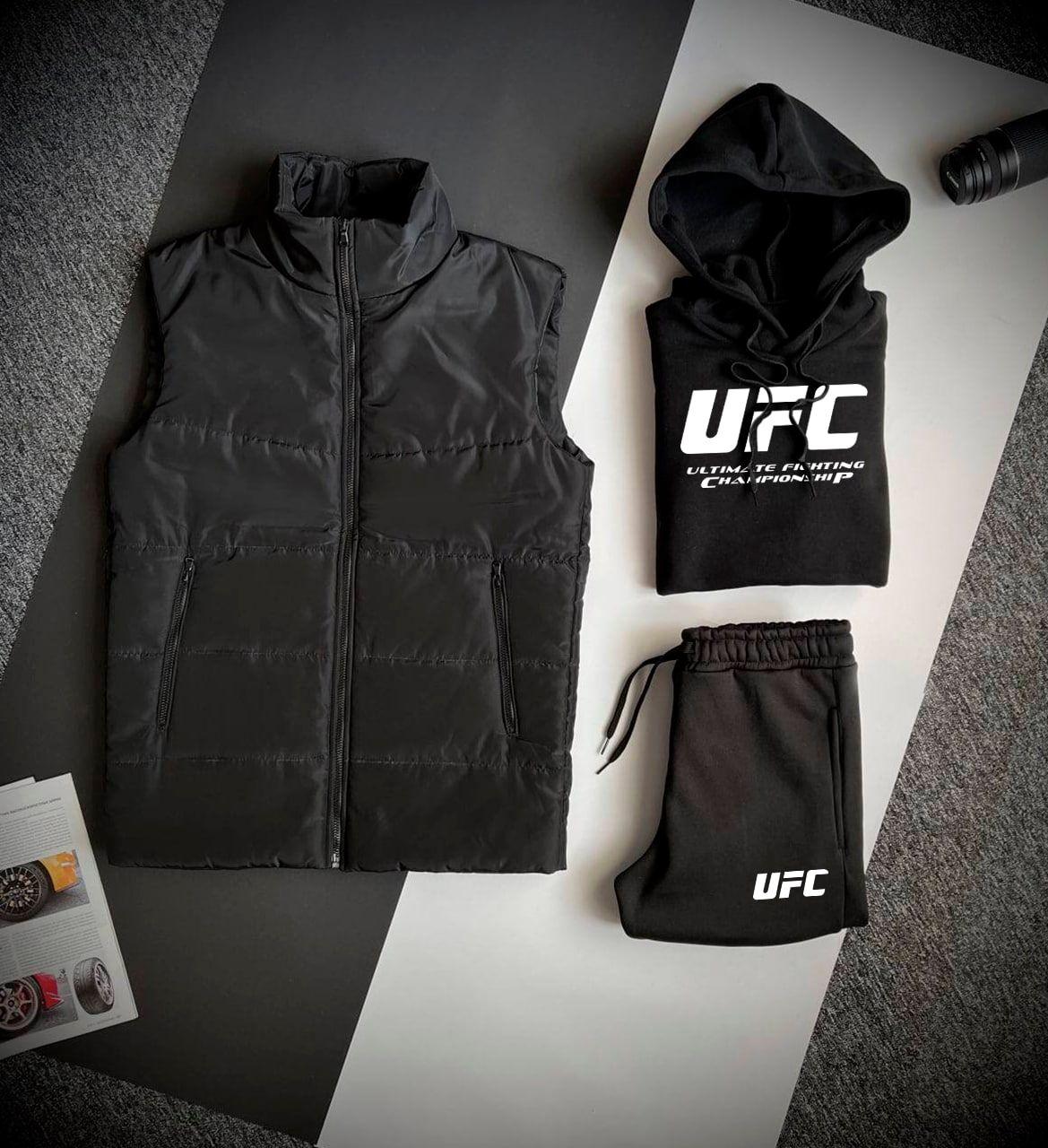 Теплий спортивний чоловічий костюм трійка штани худі жилет UFC | Спортивний костюм трійка ЮФС