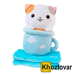М'яка іграшка плед-подушка 3в1 "Кішечка в кухлі"