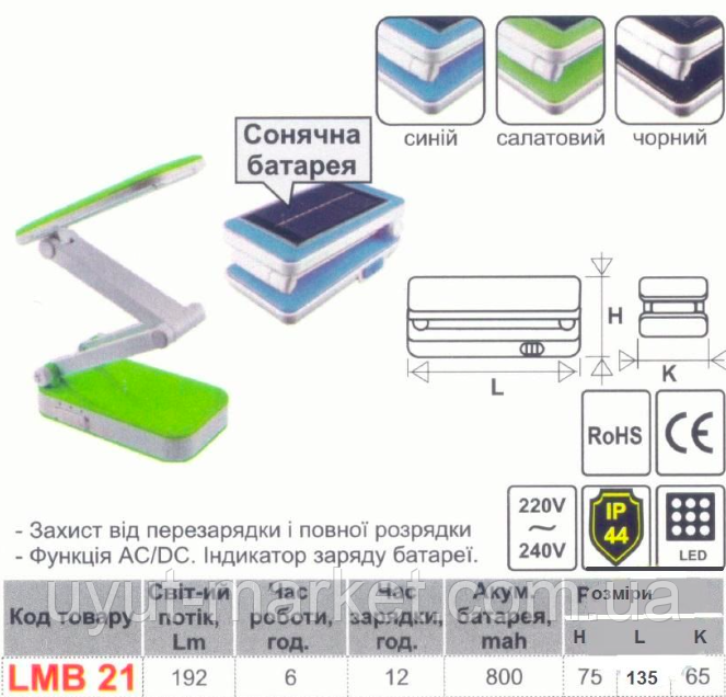 Настольная лампа на солнечных батареях "Базука" 5Вт 192LM, LMB21 синяя - фото 4 - id-p1688842170