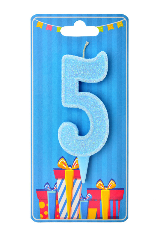 Свічка цифра в торт блакитна з глітером — 5