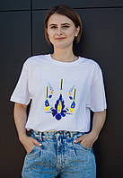 Біла футболка жіноча/чоловіча з принтом ГЕРБ УКРАЇНИ ПШЕНИЦЯ бавовняна з вирізом модна розмір M