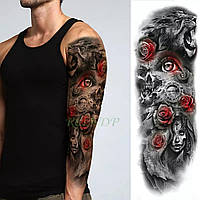 Tatoo-347 Большая временная татуировка тату рукав 48*17 см "Привидение лев цветы"