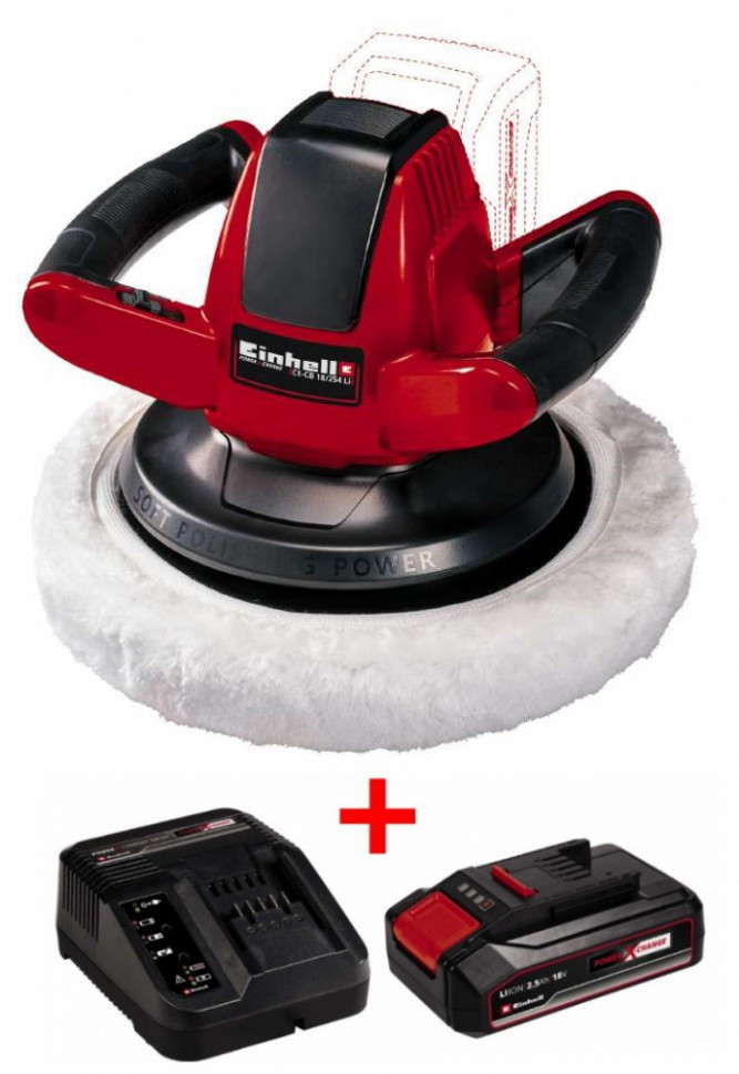 Професійна акумуляторна полірувальна машина Einhell CE-CB 18/254 Li - Solo : (акум 2.5 ампера і зарядка)