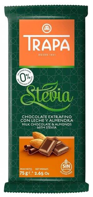 Шоколад TRAPA STEVIA молочний з мигдалем, 75г