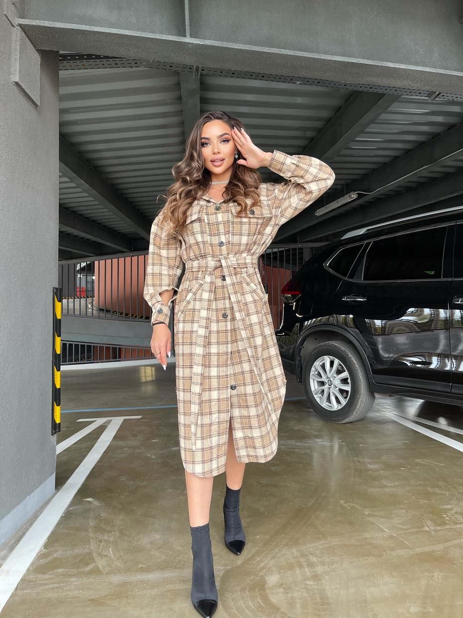 Твідове пальто-сорочка в карту на ґудзиках під пояс завдовжки з кишенями (р. 42-46) 66PA312Q, фото 1