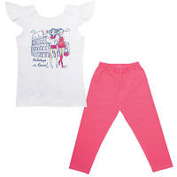 Костюм (футболка и штаны) летние для девочки детский KS-19-18-1 Путешествие Бело-Розовый на рост 134 (11606)