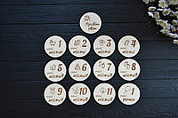 Набор деревянных круглых табличек для ежемесячной фотоссесии малыша. Карточки из дерева (13 шт)