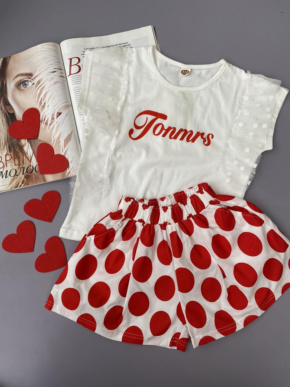 Костюм для дівчинки 2-ка Шорти в червоний горох + футболка з написом Біла 896, Білий, Для дівчаток, Літо, 122, фото 1