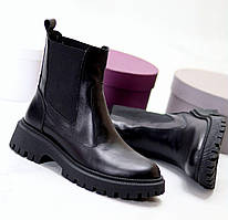 Жіночі шкіряні черевики челсі зимові стильні модні чорні натуральна шкіра