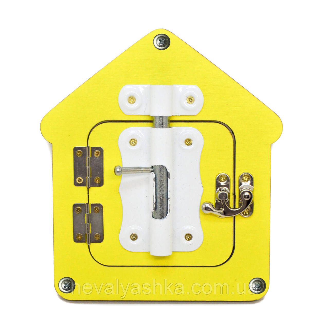 Кольорова Заготовка для Бізіборду Будиночок - Дверцята (6 мм) + Шпінгалет та Замочок 17х14 см, Повний Комплект, Жовтий