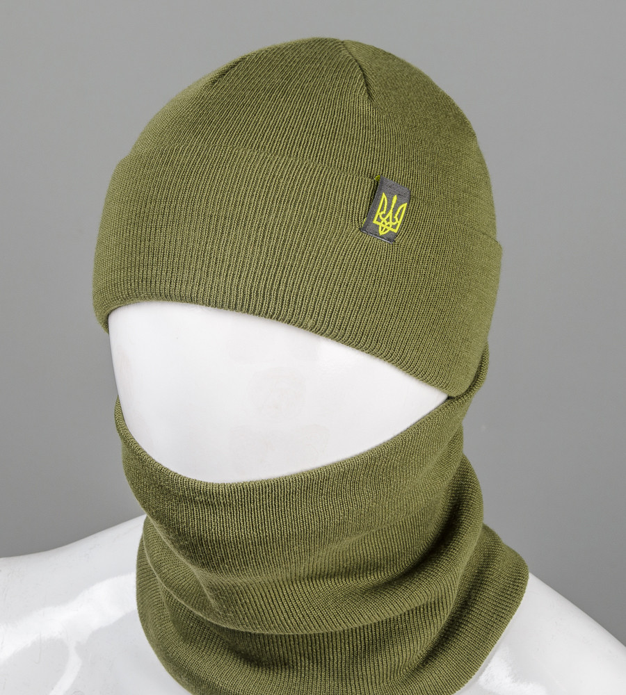 В'язаний комплект Шапка + Баф Тризуб, Хакі, фото 1