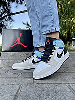 Кроссовки мужские Nike Air Jordan 1 кремовые с голубым