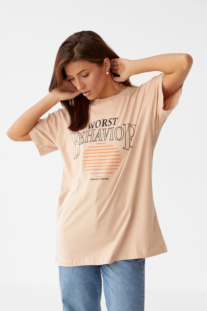Жіноча футболка oversize з принтом — бежевий колір, L (є розміри)