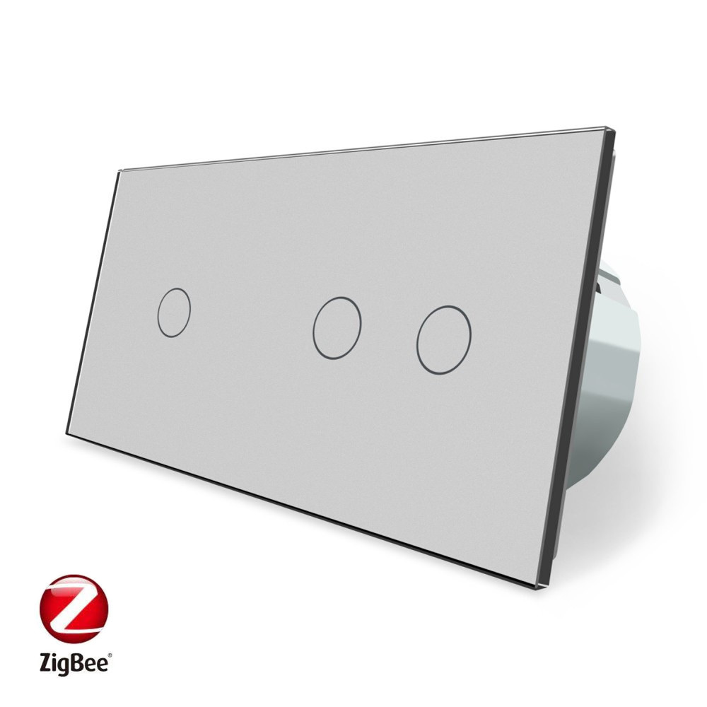 Розумний сенсорний ZigBee вимикач 3 сенсора (1-2) Livolo сірий скло (VL-C701Z/C702Z-15), фото 1