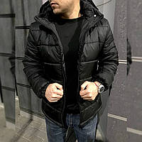 Куртка мужская зимняя с капюшоном, теплая ветрозащитная на флисе, черная однотонна, пуховик короткий XL