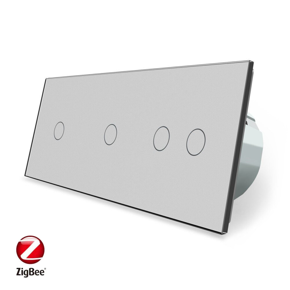 Розумний сенсорний ZigBee вимикач 4 сенсора (1-1-2) Livolo сірий скло (VL-C701Z/C701Z/C702Z-15)