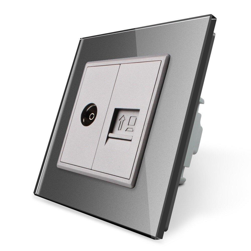 Розетка комп'ютерна RJ-45 і ТБ розетка Livolo сірий скло (VL-C791VC-15)