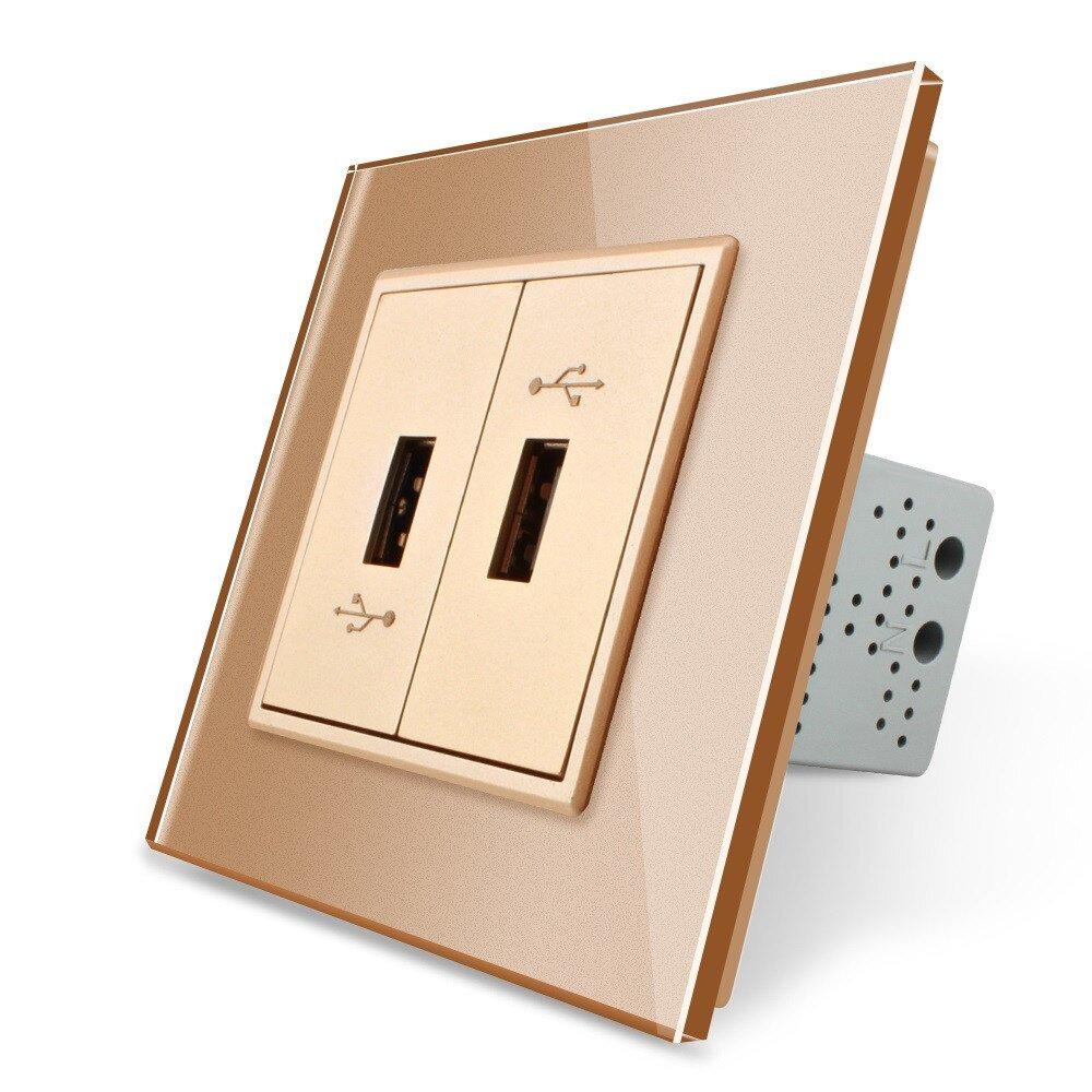 Розетка подвійна USB з блоком живлення Livolo золото скло (VL-C792U-13), фото 1