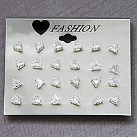 Сережки гвоздики пусети сріблястого кольору Fashion Jewerly трикутники камінчики розмір 6х6 мм набір з 12 пар