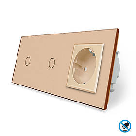 Безконтактний вимикач 2 сенсора (1-1) 1 розетка Livolo золото скло (VL-C701/C701/C7C1EU-PRO13)