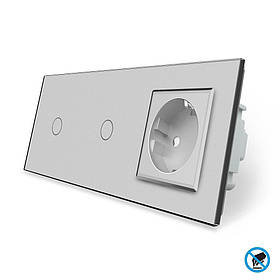 Безконтактний вимикач 2 сенсора (1-1) 1 розетка Livolo сірий скло (VL-C701/C701/C7C1EU-PRO15)