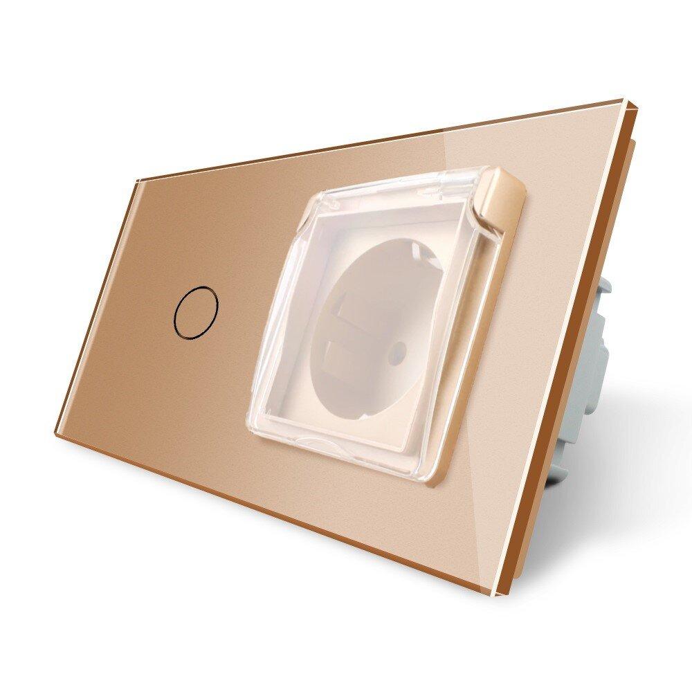 Сенсорний вимикач Розетка вологозахисна з кришкою Livolo золото скло (VL-C701/C7C1EUWF-13), фото 1