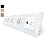 Розетка п'ятимісна комбінована Силова Інтернет ТБ Livolo білий скло (VL-C7C4EU1C1V-11), фото 2