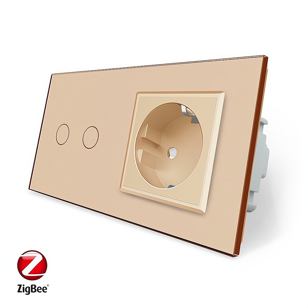 Розумний сенсорний ZigBee вимикач 2 сенсора 1 розетка Livolo золото скло (VL-C702Z/C7C1EU-13)