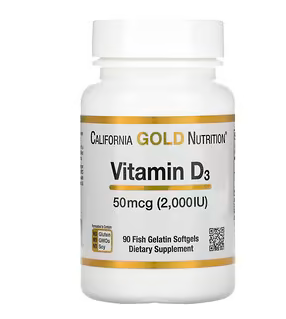 California Gold Nutrition, вітамін D3, 50 мг (2000 МО), 90 капсул із риб’ячого желатину, фото 1