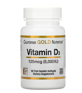 California Gold Nutrition, вітамін D3, 125 мг (5000 МО), 90 капсул з риб’ячого желатину