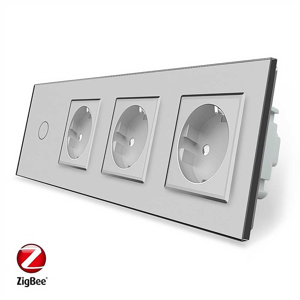 Розумний сенсорний ZigBee вимикач 1 сенсор 3 розетки Livolo сірий скло (VL-C701Z/C7C3EU-15), фото 1