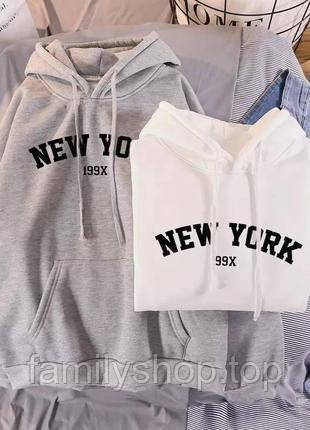 Тепле жіноче худі на флісі оверсайз із принтом "New York" однотонне, розмір 42/48 колір сірий, білий, чорний