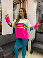 Женский трендовый свитер свитшот вязка малиновый полосатый яркие полоски на груди Турция тёплый качественный