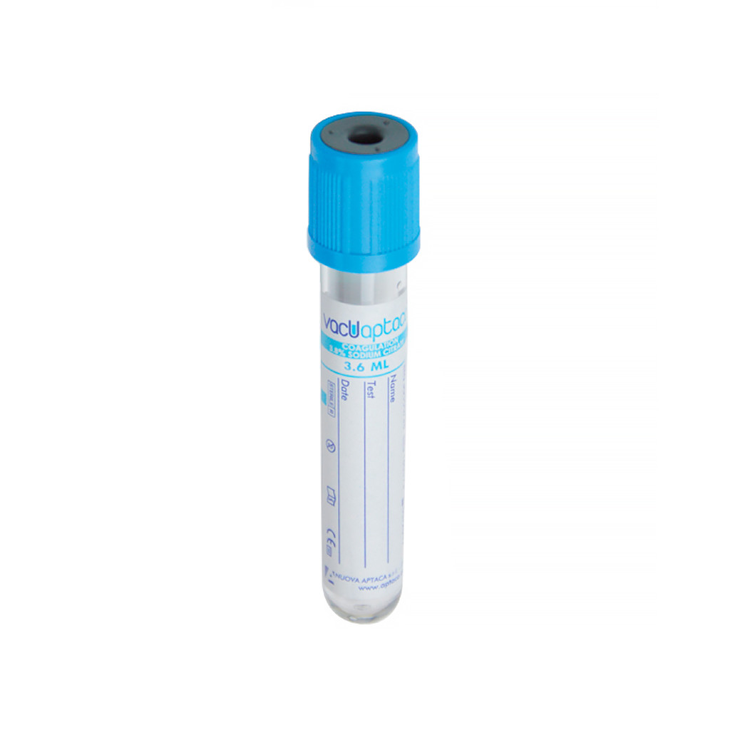 Вакуумна пробірка 3,6 мл з цитратом натрію Na3-Citrate 3,8%, блакитна кришка, стерильна (25 шт/уп)