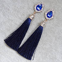 Сережки пензля жіночі гвоздики золотистого кольору довгі об'ємні синього кольору з кристалами довжина 10 см