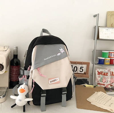 Рюкзак у корейському стилі з іграшкою-брелоком качечка унісекс для ноутбука навчання в кольорах Чорно-сірий