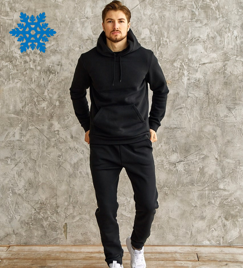 Спортивний костюм чоловічий теплий зимовий на флісі з капюшоном Туреччина чорний. Живе фото, фото 1