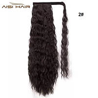 Хвост, шиньон из искусственных волос на липучке, гофре с прядью для обмотки мелкая волна темно коричневый #2