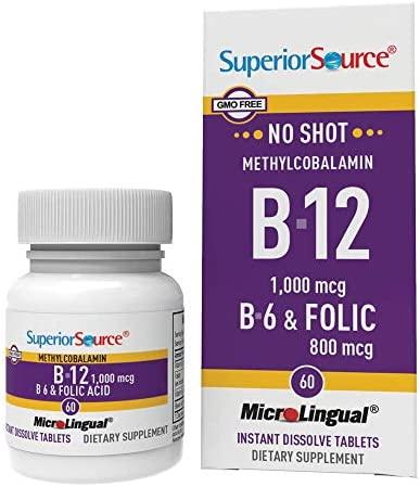 Superior Source, метилкобаламін (вітамін B12), 1000 мкг, B6 і фолієва кислота, 60 таблеток