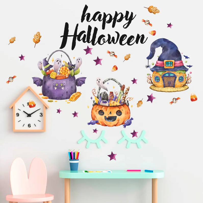 Набір хелловінських наклейок Happy Halloween (котелки цукерки гарбузи чудовиська Хелловін) матова набір 970х575мм